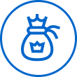A blue outlined circle with an icon of a money bag featuring a crown symbol inside it. A blue outlined circle with an icon of a money bag featuring a crown symbol inside it.