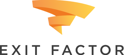 Logo of Exit Factor with an abstract orange swirl design above the text.